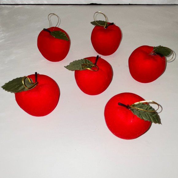 6 Vintage Flocked Red Apple Christmas Tree Ornaments - Picture 1 of 4